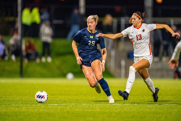 Avery Peters, who played for DCFC last summer before returning to Michigan, with the ball at her feet against Princeton.