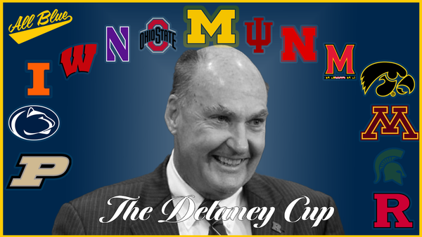 A graphic featuring all Big Ten logos and a black and white Jim Delaney.