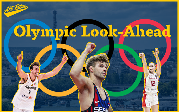 A graphic with Syla Swords, Franz Wagner, and Stevan Micic, superimposed on an image of Paris and the Olympic Rings.