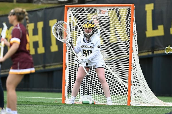 Women's lacrosse keeper Erin O'Grady defends her net, as she does better than almost anyone else in the country.