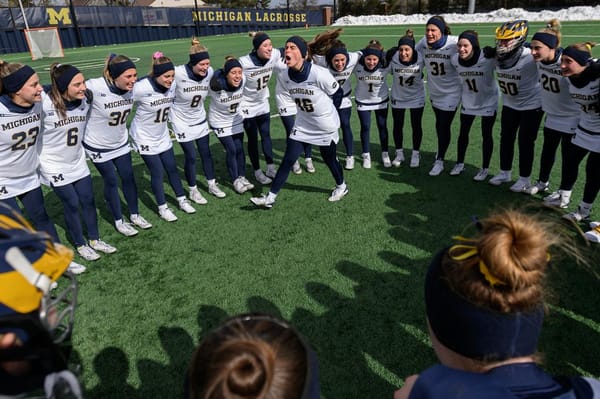 Josie Gooch hypes up the Michigan women's lacrosse team before a matchup with Denver.